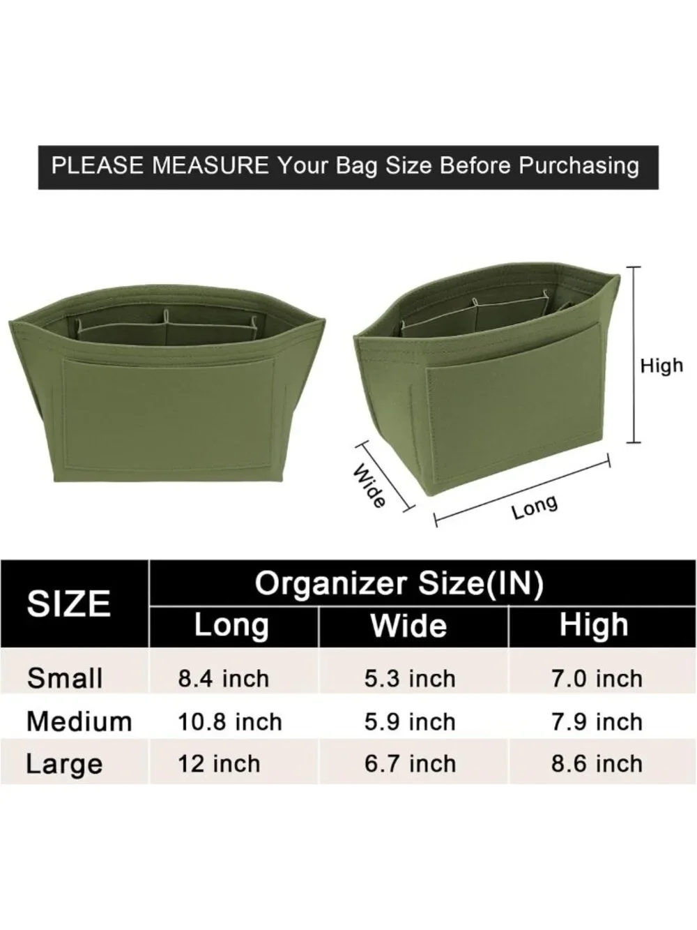 Medium Felt Purse Organizer Insert for Long Tote Bags - Green Cup Holder